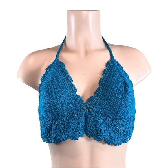 Boutique Tops - Blue Crochet Halter Top